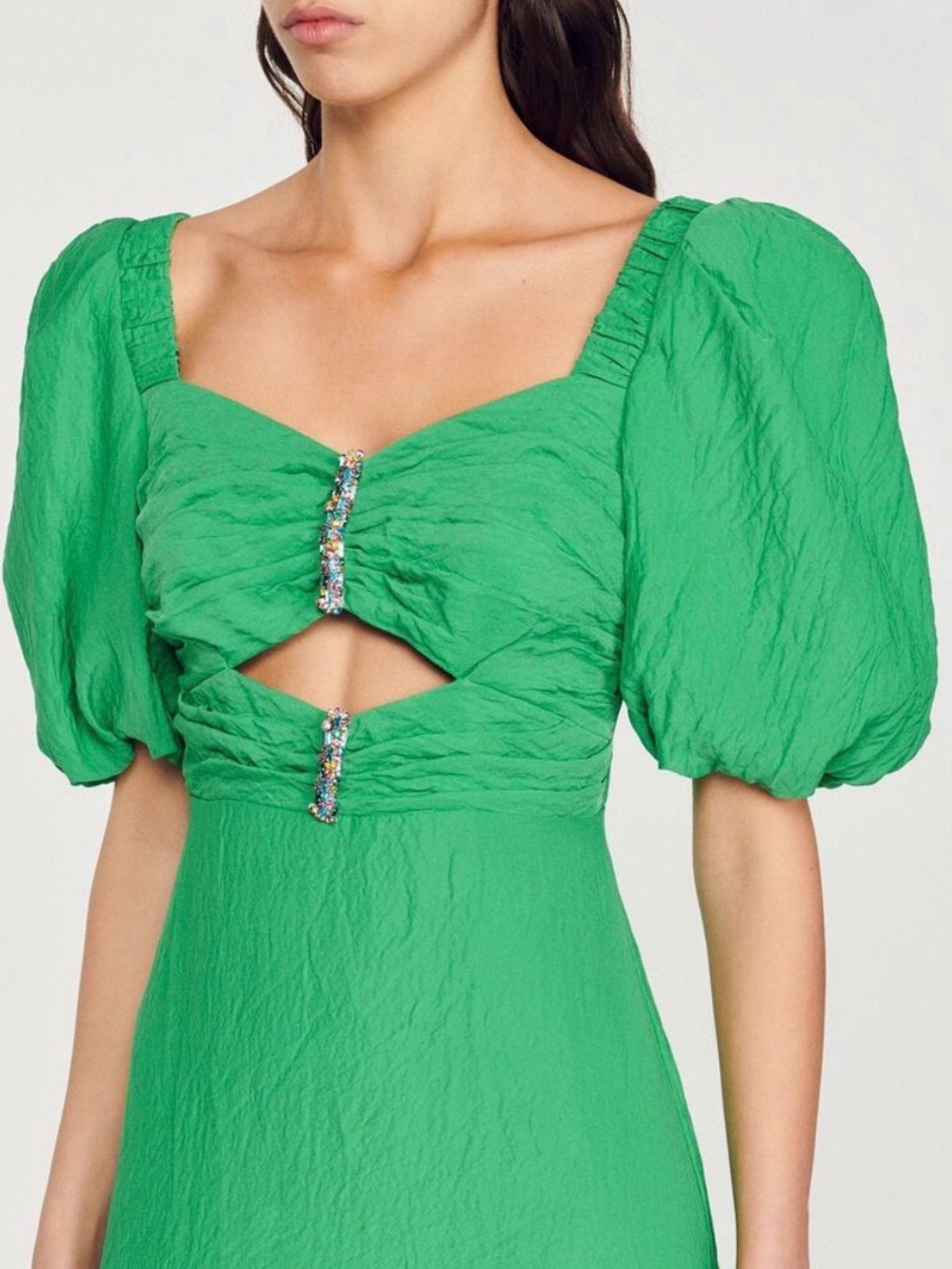 Sandro Green Puff-Sleeve Midi Dress with Cutout & Embellished Accents